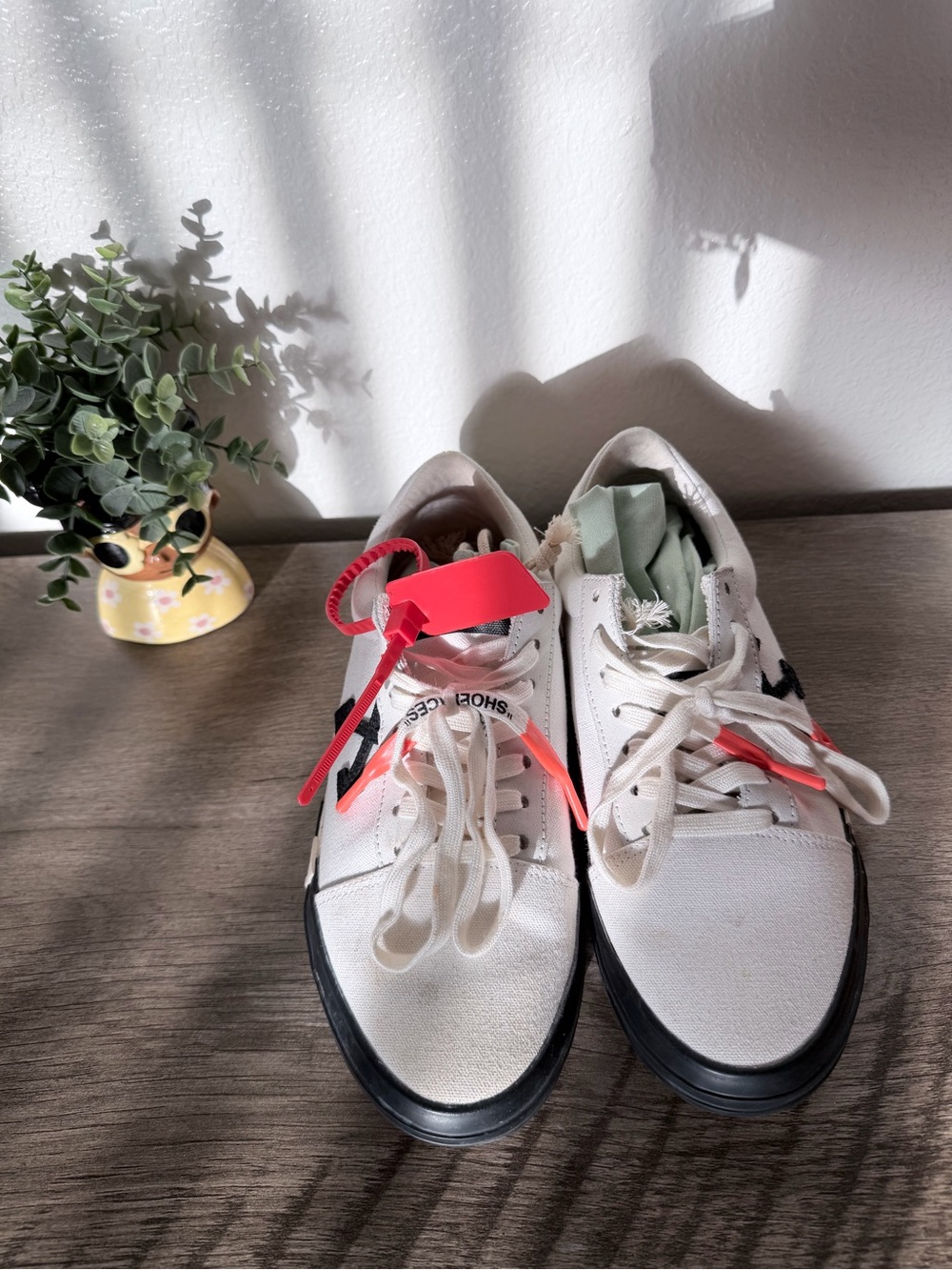 Women's White Canvas Sneakers with Black Trim and Red Accent